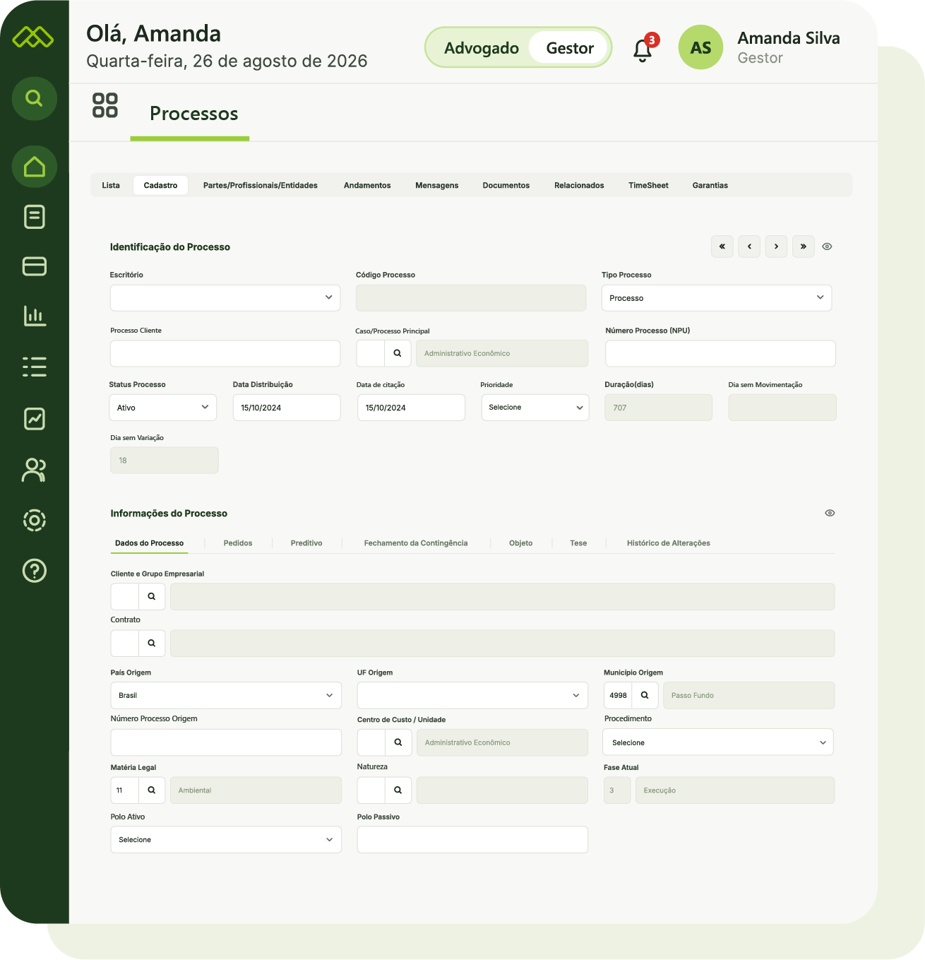 Tela de Gestão de Cadastros e Configurações de Acesso no software jurídico Kurier Meridio