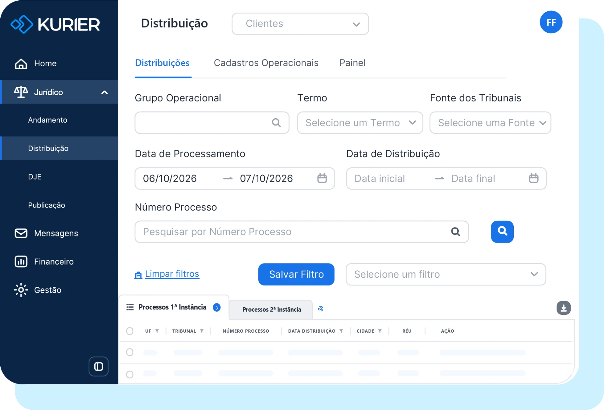 Interface Kurier Distribuição com filtros e listagem de novos processos judiciais